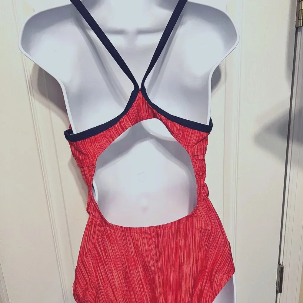 Nike Razorback Women's One Piece Swimsuit-Coral/Red/Navy Blue-Size Large-Beach